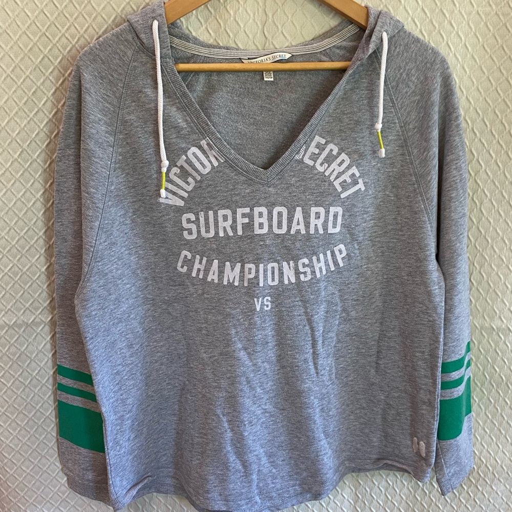 Victoria's Secret Gray Hoodie with Green Stripes on Sleeves. XS. Oversized. Hood